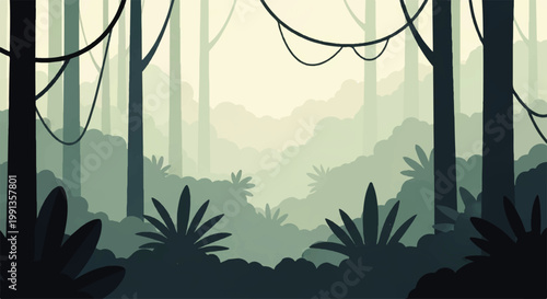 Misty jungle forest landscape with lush foliage and hanging vines in a vector flat design illustration style
