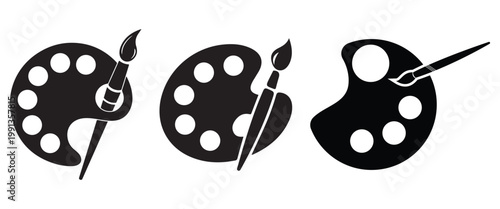 Artist Palette and Paint Brush Icon Set – Creative Painting Tools Vector Clipart Collection Isolated on White BackgroundWeb