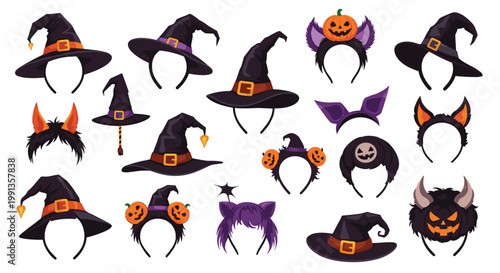 Large collection of Halloween themed headbands and hats featuring witch hats, pumpkin ears, devil horns, and bat wings for festive costumes.