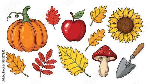 Vibrant autumn collection featuring pumpkin, apple, sunflower, colorful leaves, mushroom, and gardening tool for seasonal designs