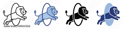 Dynamic jumping lion through a hoop symbol for sports team logos and entertainment event branding applications