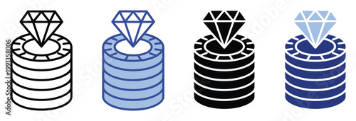 Diamond and poker chips stack icon representing luxury gaming and premium wealth for digital graphics