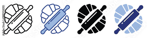Modern baking and pastry icons of rolling pins and croissants for kitchen app interfaces or food industry branding.