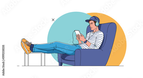 Young man relaxing in a blue armchair while wearing headphones and listening to music or a podcast from his tablet device in a cozy setting.