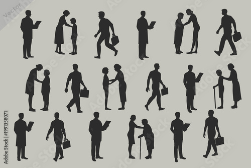 Medical healthcare silhouette element set vector illustration. Collection of doctor, nurse helping patient, ambulance worker silhouette.