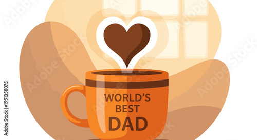 Orange mug with Worlds Best Dad text and heart shaped steam.