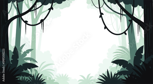 Vector flat design illustration of a lush jungle canopy with hanging vines and tropical foliage creating a natural frame