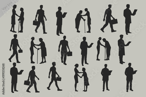 Medical healthcare silhouette element set vector illustration. Collection of doctor, nurse helping patient, ambulance worker silhouette.