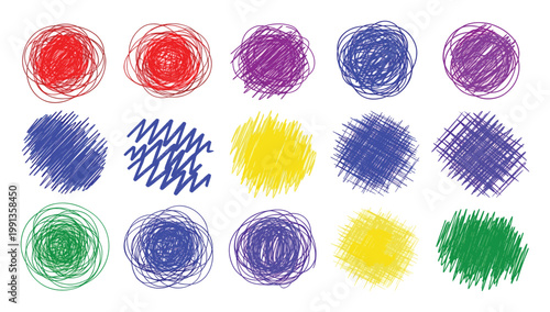 Colorful handdrawn scribble circles and abstract line textures perfect for energetic graphic resources and dynamic overlays