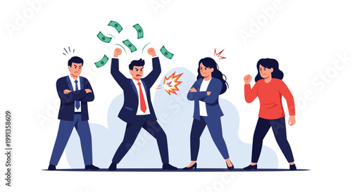 Group of angry business people having a heated argument with money flying in air and small explosion effect representing conflict at work.