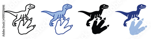 Dinosaur raptor standing on a fossil footprint icon symbol in multiple graphic variations for educational games and apps