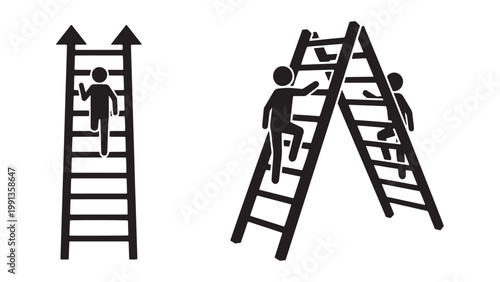 Ambitious individuals ascending ladders, symbolizing career growth, personal development, and the challenging journey towards success and achievement.
