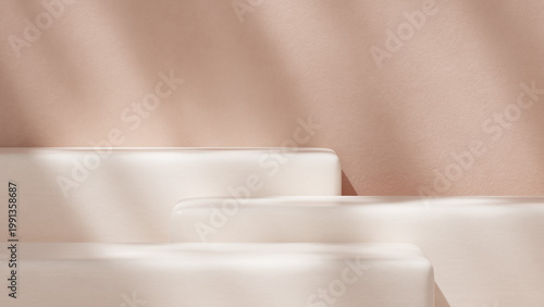 Minimal studio setup with layered platform for product mockup. Clean background with soft lighting for cosmetic branding and advertising.