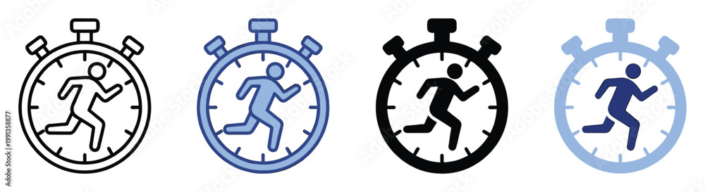 Naklejka premium Dynamic stopwatch icon featuring a running figure symbolizing fast pace competition and athletic performance measurement application.