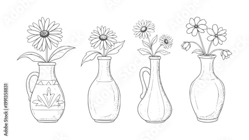 Four vases with sketched flowers and decorative patterns outline