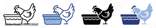 Chicken drinking water from a trough icon set for agricultural and poultry farming graphic design elements