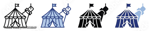 Circus tent icon collection with flag and spotlight, perfect for entertainment event graphics and festival promotions.