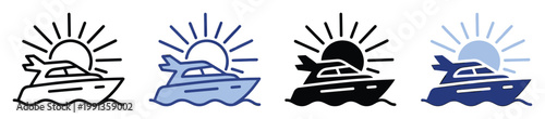 Yacht navigating the sea with a radiant sun graphic useful for travel maritime and summer vacation branding