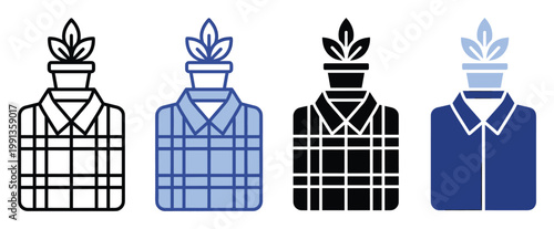 Icon of a shirt with a plant pot head symbolizing green lifestyle and sustainable living for environmental themes.