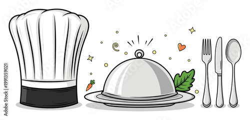 Professional chefs hat, covered serving dish, and dinner cutlery reflecting culinary arts and restaurant quality.