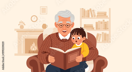 An elderly grandfather reading a storybook to his young grandson.