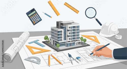 Architectural design workspace with tools.