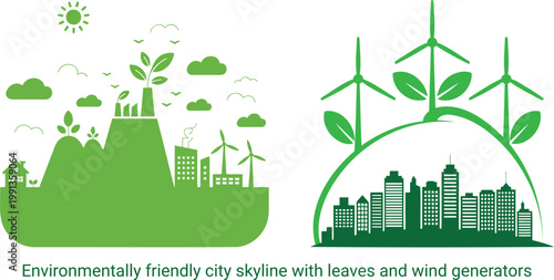Diverse environmentally friendly city skyline designs featuring leaves, wind generators, and green landscapes