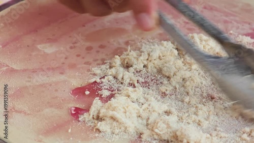 Thai style crepe on hot pan. Dried Shredded Pork and Blueberry Jam.