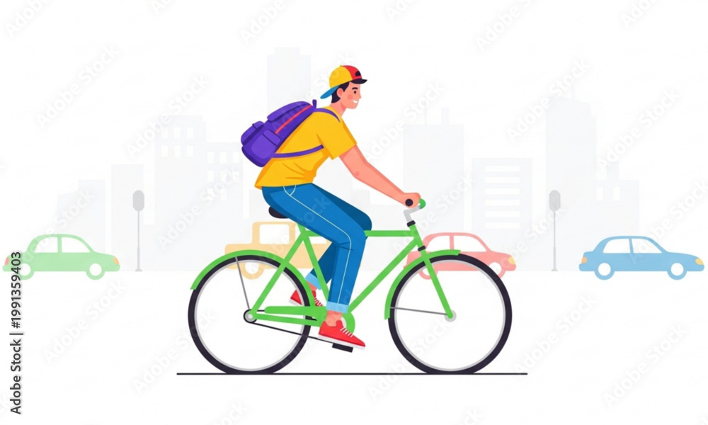 Fototapeta premium A delivery man riding a green bicycle through the city with a purple backpack