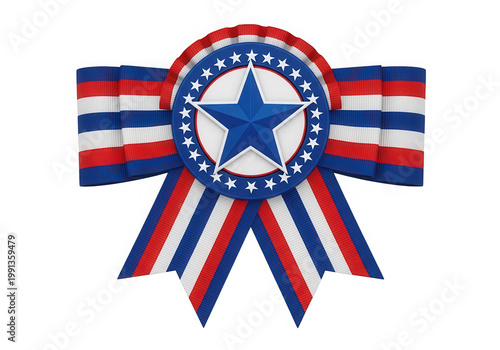 Red, white, and blue patriotic ribbon award badge with stars isolated on transparent background