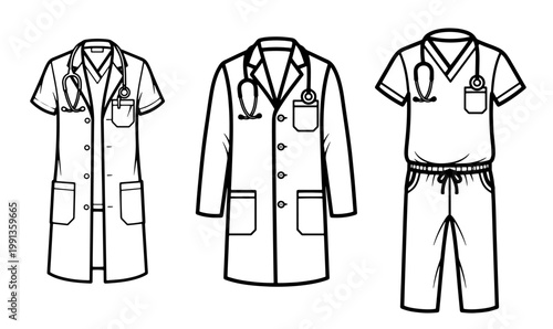 Medical professional clothing set with lab coats and scrubs minimalist line art.