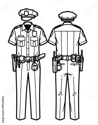 Police officer uniform line art front and back view with gear and accessories