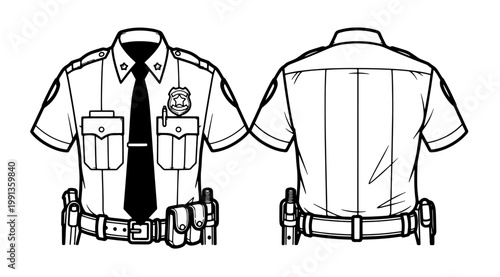 Police officer uniform shirt with tie and badge front and back view line art.