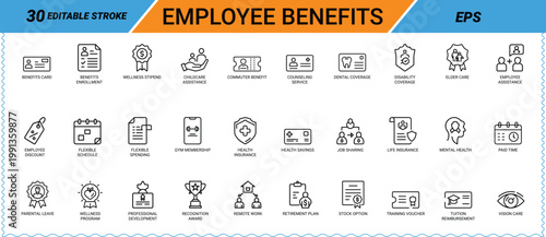 Employee Benefits Icons Set Vector Illustration Outline Style card enrollment web icon app icon