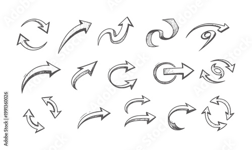 Hand drawn sketchy arrow collection with circular and directional movements doodle