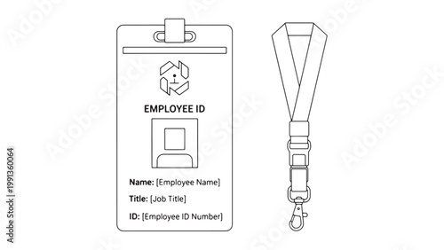 Minimalist Line Art Vector Illustration of Employee ID Card and Lanyard Template for Corporate Identification and Access Security Design.
