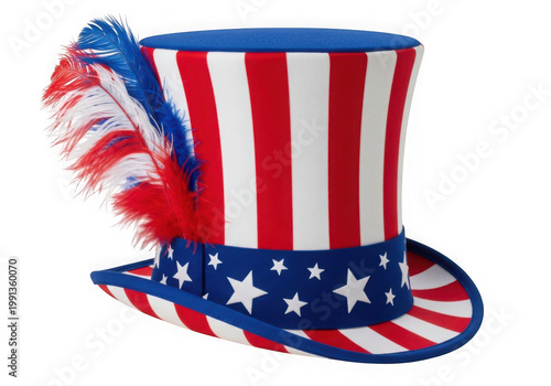 Classic red white and blue liberty top hat with stars and stripes pattern isolated on transparent background