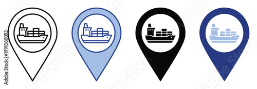 Global cargo container ship location pin icon for maritime transport and logistics tracking applications