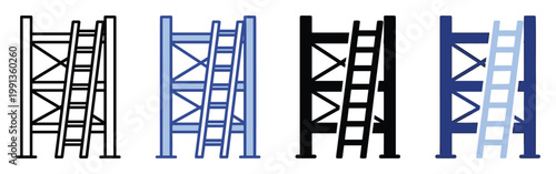 Heavyduty industrial scaffolding structure with a leaning ladder providing access, ideal for construction project graphics, warehouse symbols, or factory logistics visuals