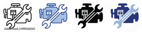 Automotive engine repair wrench icons representing mechanic services and maintenance diagnostics available in multiple styles for applications
