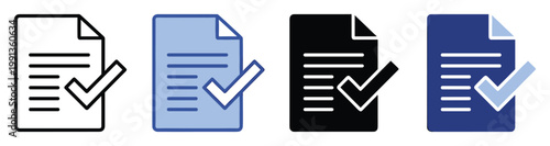 Document icon with checkmark symbol for approval, completion, and successful status in digital apps.
