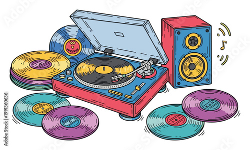 Colorful turntable playing vinyl record with speaker for music hobby and sound entertainment