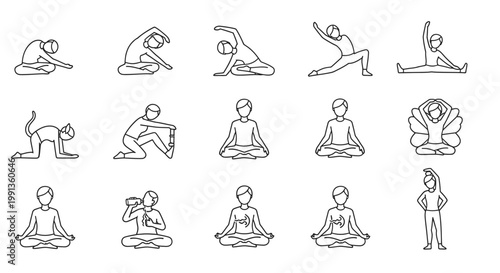 Line art icons depicting various yoga poses, stretching exercises, and meditation postures for health and wellness.