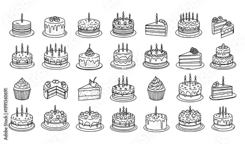 Birthday cake outline vector set hand drawn cake collection with candles and celebration desserts line art illustration