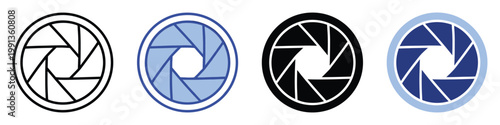 Camera aperture lens shutter symbol icon variations for photography applications and video editing software interfaces