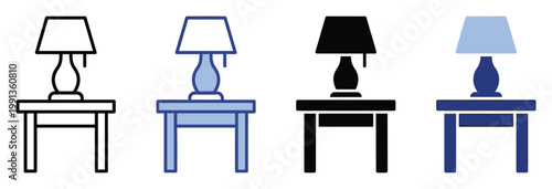 Set of table lamp icons on a small table in various graphic styles for furniture, home decor, and interior design projects