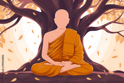 Buddhist monk meditating under tree with falling leaves