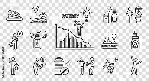 Line art icons depicting various aspects of health, mental well-being, anxiety, therapy, medication, social issues, and personal struggles.