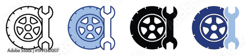 Car tire and wrench icon symbolizing automotive repair and vehicle maintenance services useful for workshops and mobile applications