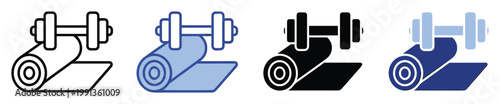 Fitness gym equipment icon set with a dumbbell and unrolled mat perfect for health and exercise applications